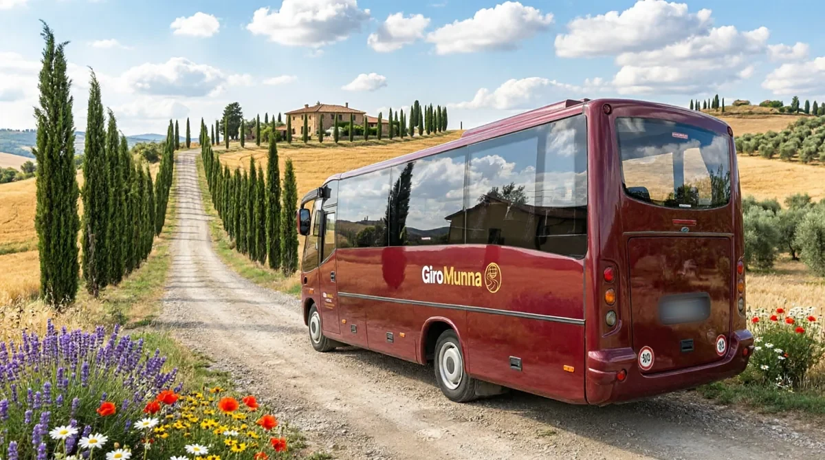 Minibus GiroMunna tra i cipressi della Val d'Orcia
